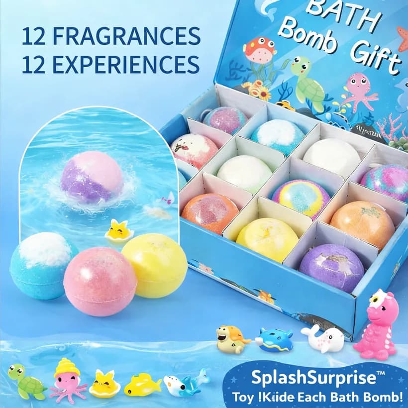 Bombes de bain surprise OceanPop aux couleurs pastel alignées devant leur coffret cadeau